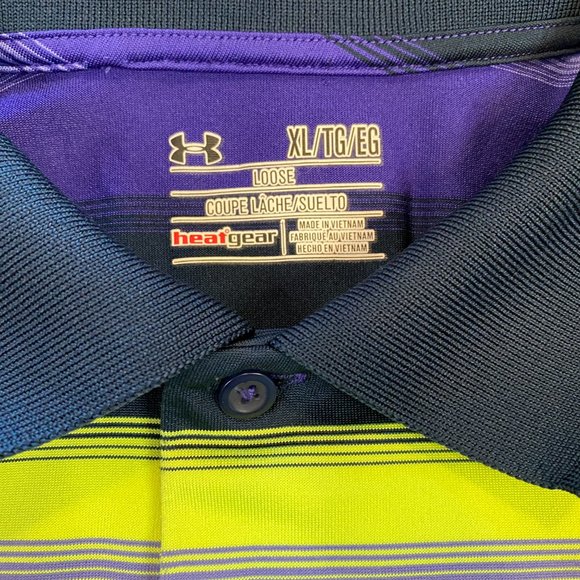 Under Armour Heat Gear Golf Polo Mystic Dunes Purple Green Blue Stripes XL - Picture 5 of 6